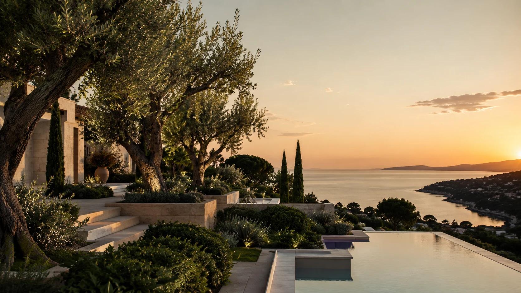 Mediterranean coastal garden at sunset